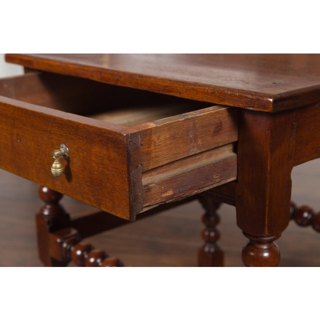English English 1870s Oak Bobbin Leg Side Table with Single Drawer and Stretchers For Sale - Image 3 of 12