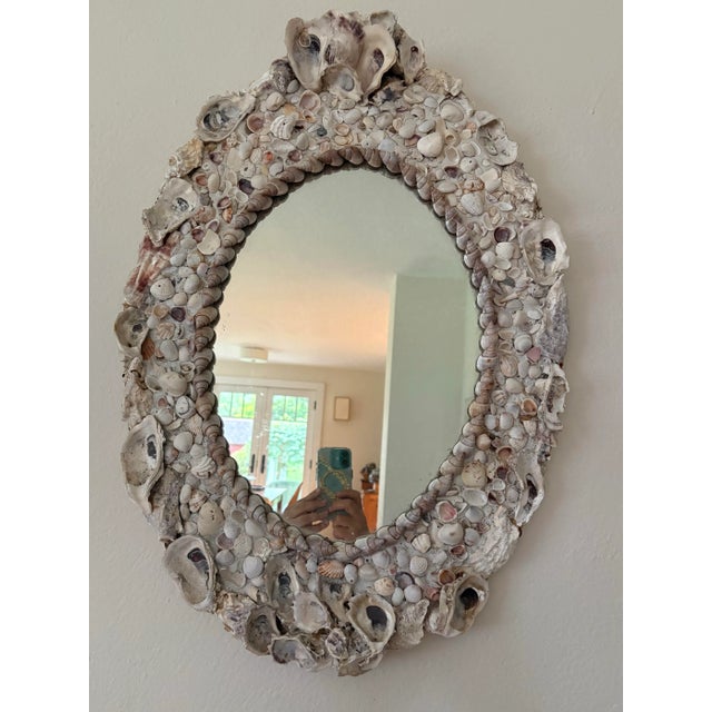 Naturalistic vintage seashell mirror featuring tiny clam shells, oysters, and slippers snail shells hand set in plaster....