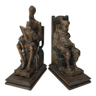 Vintage Hand Carved Wood Bookends of Two Men - a Pair For Sale