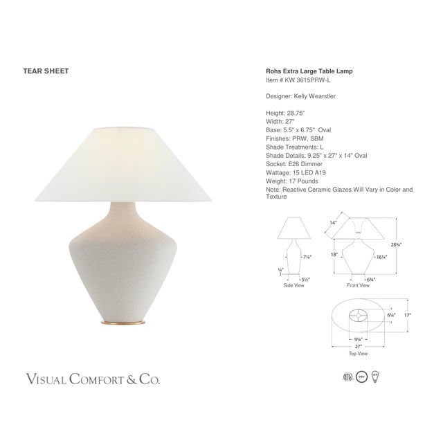 Kelly Wearstler by Visual Comfort Signature Rohs Extra Large Table Lamp in Porous White with Linen Shade Designer: Kelly...