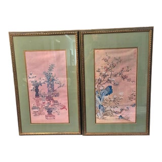 Pair Chinese Asian Silk Watercolor 1940s Paintings ~ Framed & Signed For Sale