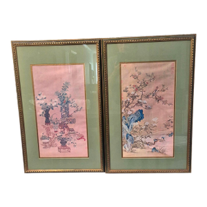 Pair Chinese Asian Silk Watercolor 1940s Paintings ~ Framed & Signed