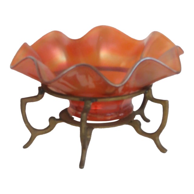 Marigold Iridescent Ruffle Edge Candy Dish Bowl on a Metal Stand 4635b For Sale