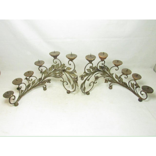Brass Pair of Antique Italian Wrought Iron Candelabras For Sale - Image 8 of 18