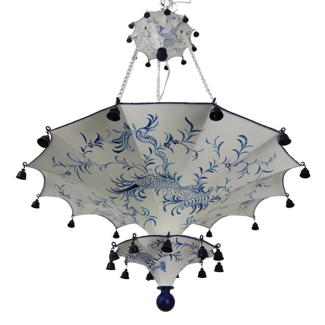 Traditional Vintage Two Tiers Upside Down Umbrella Ceiling Chandelier With Bells, White/ Blue in Arabasic Design Style For Sale - Image 3 of 9