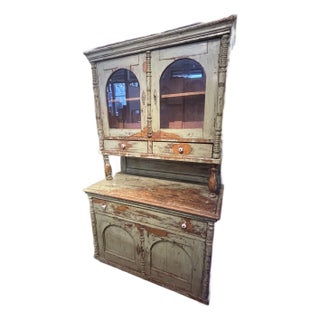 Antique Country Celadon Green Painted Distressed Stepback Cupboard Cabinet For Sale