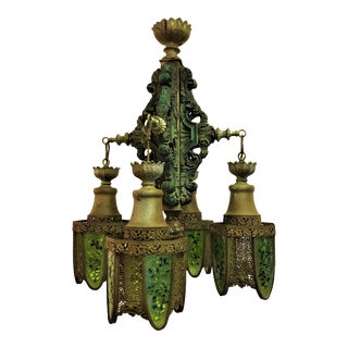 Antique Early 20th Century Gothic 4-Light Chandelier With Green Stained Glass and Pierced Metal Lanterns For Sale