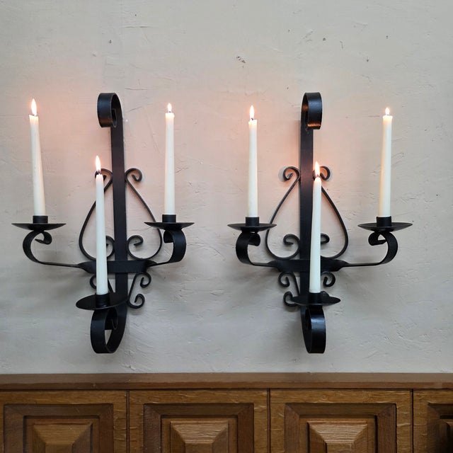 1960s 1960 Spanish Revival Three-Arm Wrought Iron Candle Sconces, Pair For Sale - Image 5 of 14