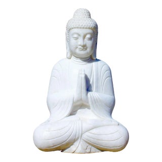 Asian Hand Craved Indoor Outdoor White Stone Lotus Sitting Meditate Buddha Figure For Sale