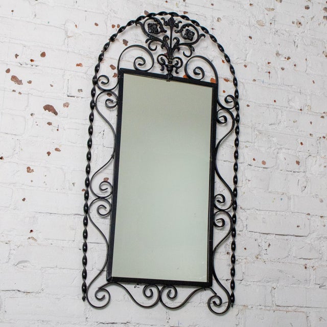 Mid 20th Century Mid-20th Century Art Deco Wall Mirror Black Painted Wrought Iron Frame W/Cast Brass Details & Arched Top For Sale - Image 5 of 18