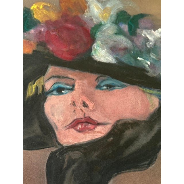 Illustration Intage Fashion Illustration Style Pastel Portrait of Woman in Black Hat, 1980s For Sale - Image 3 of 9