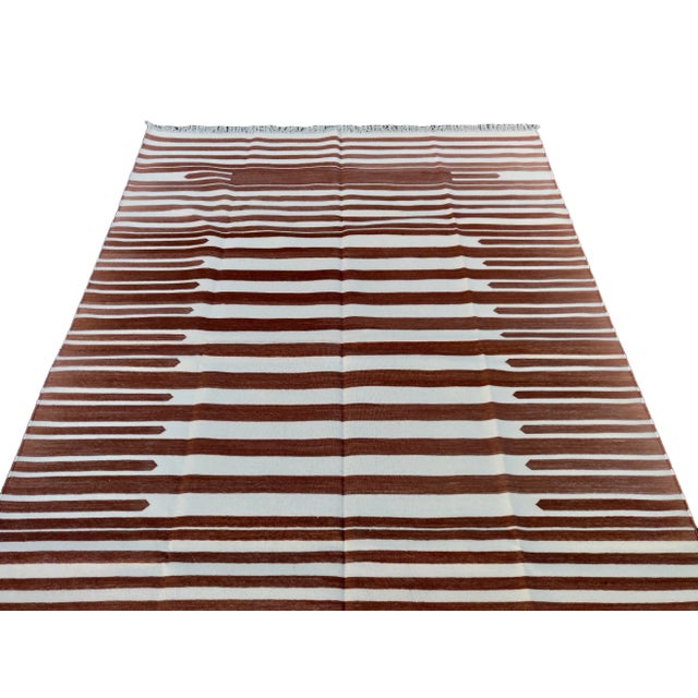 Tan Handmade Cotton Natural Vegetable Dyed Flat Weave Reversible Tan and White Striped Rug - 6'x9' For Sale - Image 8 of 11