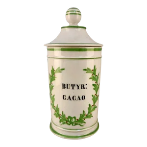 Late 18th Century French Glazed Porcelain Apothecary/Pharmacy Jar With Lid- 'Butyr: Cacao'