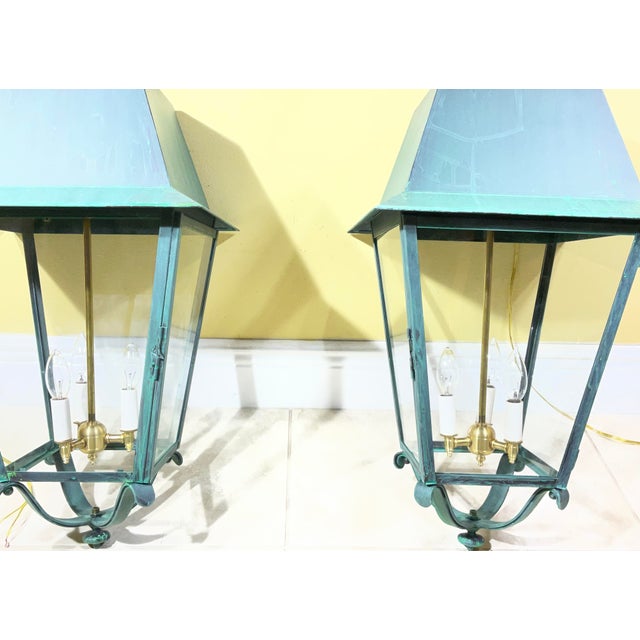 Pair of Solid Verdigris Brass Hanging Lanterns. 14” X 14” X 33” For Sale - Image 13 of 16