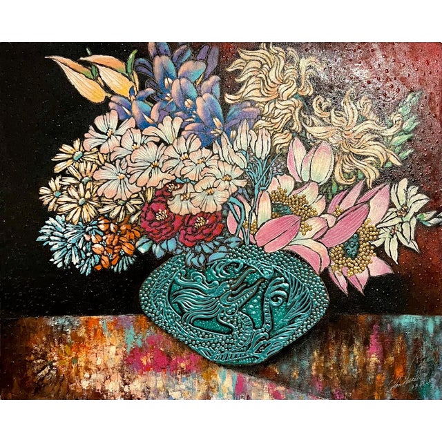 Unknown, Chinese Large Modernist Color Painting Asian Dragon Vase, Flowers Textured Paint For Sale - Image 4 of 11