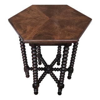 Antique Italian Hexagonal Walnut Side Table with Bobbin Turned Legs, 1890s For Sale