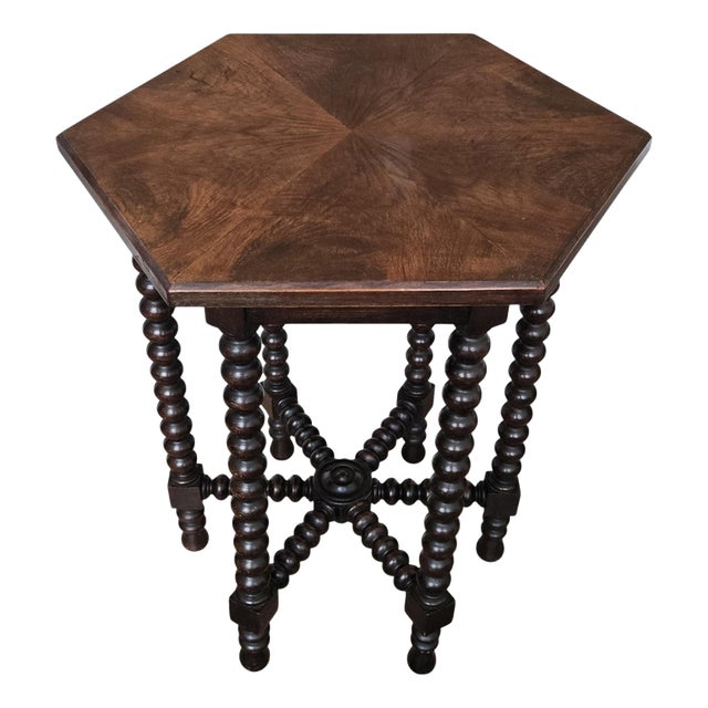 Antique Italian Hexagonal Walnut Side Table with Bobbin Turned Legs, 1890s For Sale
