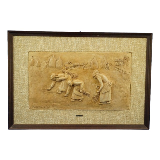 Bucci Melandri School The Gleaners Bas-Relief Plaque in Ceramic Faenza by Aldo Bacchilega, Italy, Early 1900s For Sale