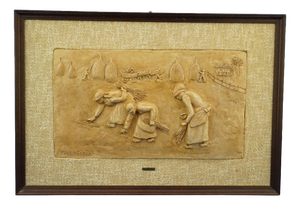 Bucci Melandri School The Gleaners Bas-Relief Plaque in Ceramic Faenza by Aldo Bacchilega, Italy, Early 1900s