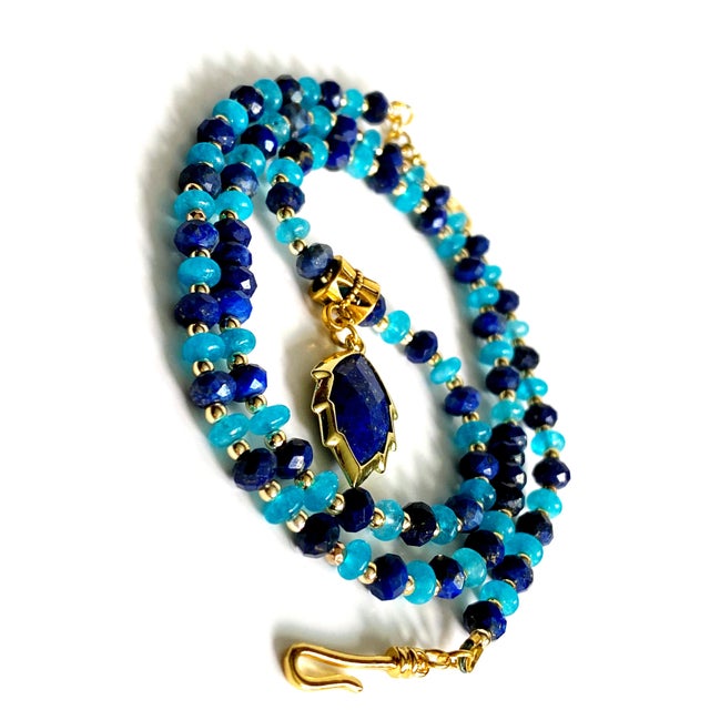 Artisan Handcrafted Lapis Lazuli Pendant Necklace in Blue Chalcedony and Golden Hematite For Sale - Image 12 of 15