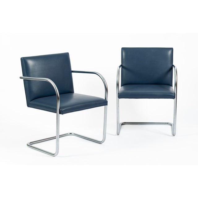 Mid Century Modern Blue Leather Brno Arm Chairs by Mies Van Der Rohe for Knoll, Set of 4 For Sale - Image 9 of 16