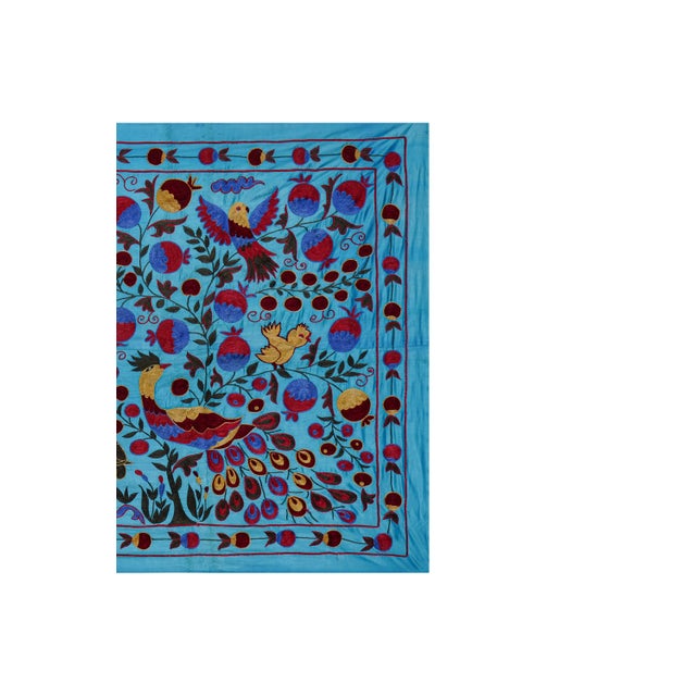 Mid-Century Modern Blue Uzbek Suzani Textile – Peacock, Bird & Floral Motif Wall Art 3'4'' X 6 For Sale - Image 3 of 13