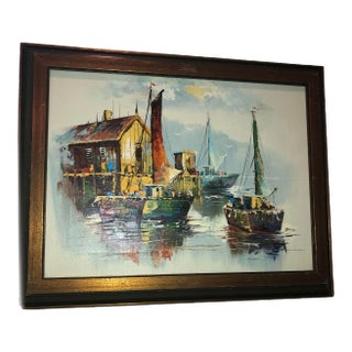 Peaceful Mid Century Painting of Sailboats For Sale