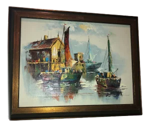 Peaceful Mid Century Painting of Sailboats