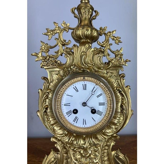Louis XV Rococo Revival French Gilt Brass Mantel Clock Garniture, Set of 3 For Sale - Image 4 of 18