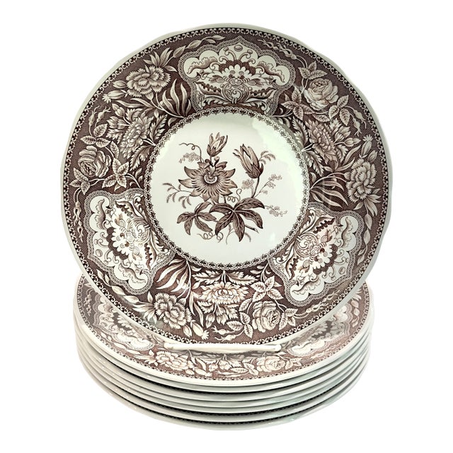 Spode Archive Collection Umber Floral Luncheon Plates - Set of 8 For Sale