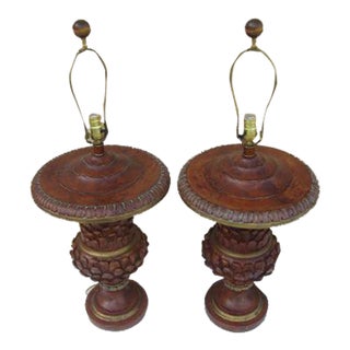 1970s Carved Wood Detailed Pineapple Design Brown Dimmer Lamps - Set of 2 For Sale