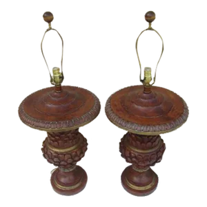 1970s Carved Wood Detailed Pineapple Design Brown Dimmer Lamps - Set of 2