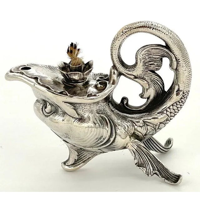 Late 19th Century Late 19th Century Art Nouveau German Sterling Fantasy Fish Motif Oil Lamp/Cigar Lighter For Sale - Image 5 of 12