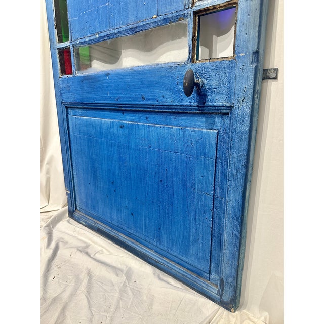 Antique Late 19th Century Blue Painted Moorish Style Stained Glass Door With Hand-Painted Landscape Panel For Sale - Image 13 of 15