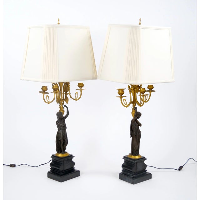 French Antique French Napoleon III Gilt Bronze / Marble Candelabra Lamps For Sale - Image 3 of 12