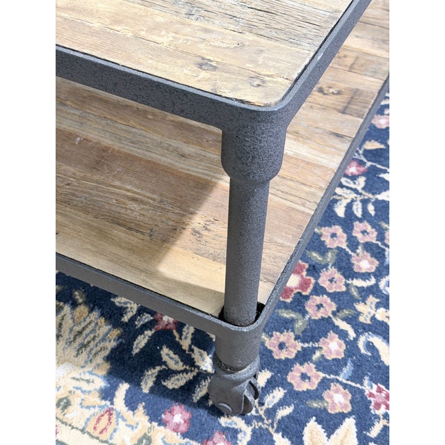 Restoration Hardware Dutch Industrial Reclaimed Elm & Steel Square Coffee Table With Casters For Sale In New York - Image 6 of 7
