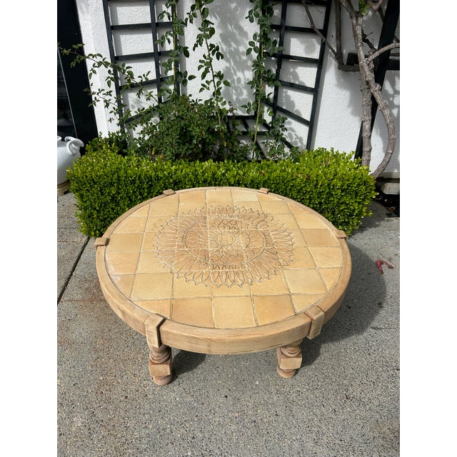 Late 20th Century Vintage Round Carved Wood Coffee Table With Tiled Inlay Top For Sale - Image 5 of 16