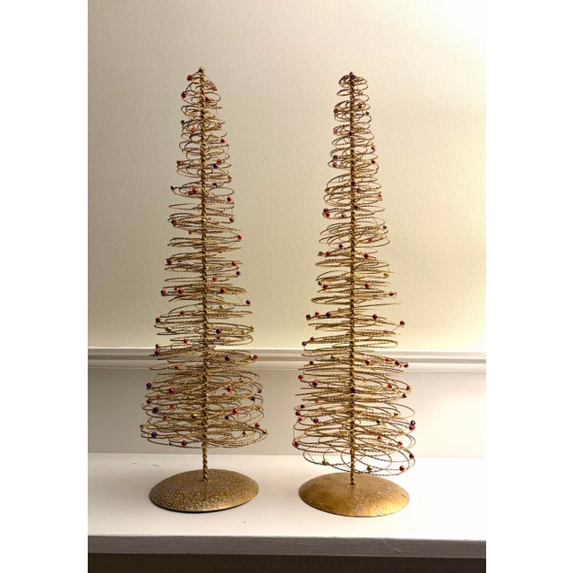 Vintage Gold Wire Beaded Christmas Trees – Set of 2 (20” Each) For Sale In New York - Image 6 of 11