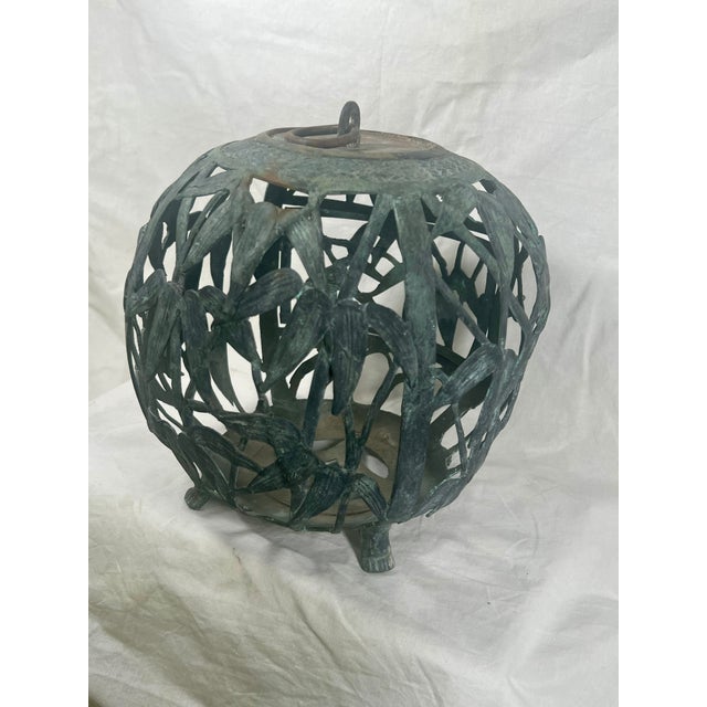 Antique Japanese Export Bronze Hanging Lantern Sphere With Bamboo Pattern For Sale - Image 4 of 8