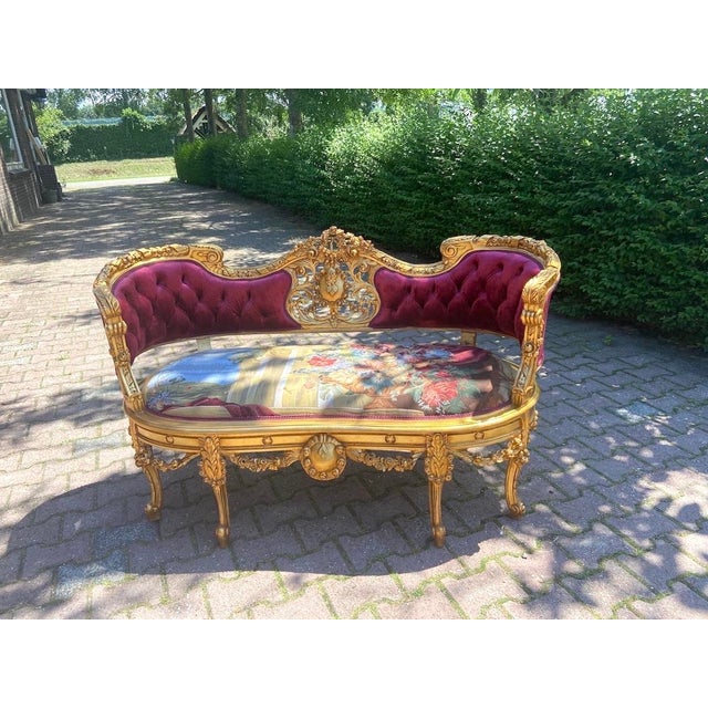 1950s French Louis XVI Gold Beech Velvet Settee For Sale - Image 12 of 13