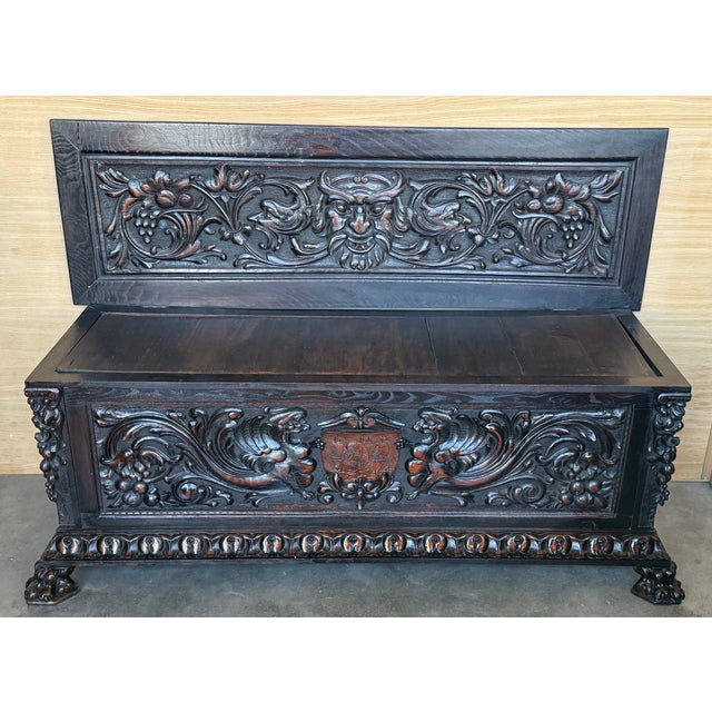 Late 19th Century 19th Spanish Baroque Carved Large Hall Bench With Storage For Sale - Image 5 of 15