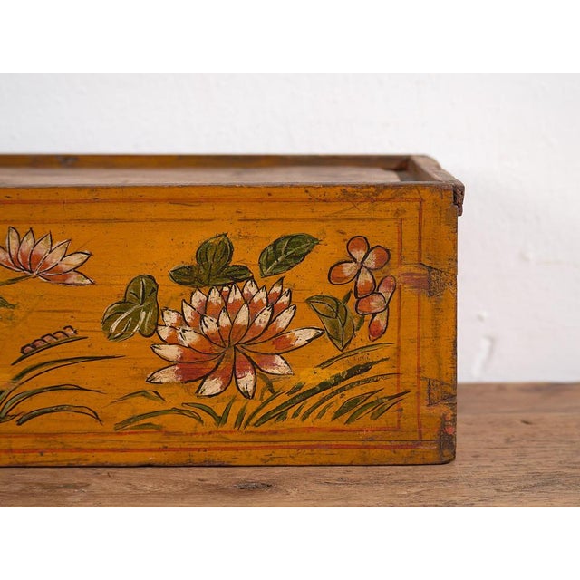 Antique Chinese Ochre Colored Box with Painted Lotus Flowers, 1900s For Sale - Image 5 of 9