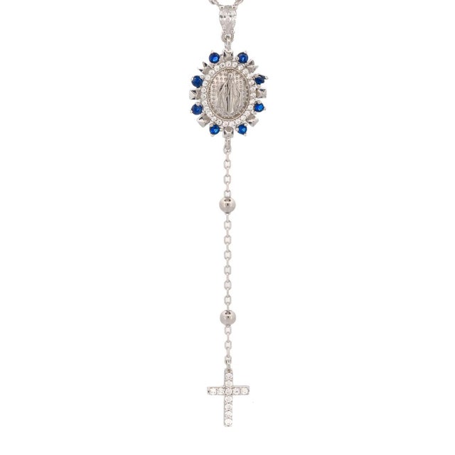 Sapphire & Diamond Virgin Mary Cross Pendant Sterling Silver Chain Necklace For Sale - Image 10 of 10