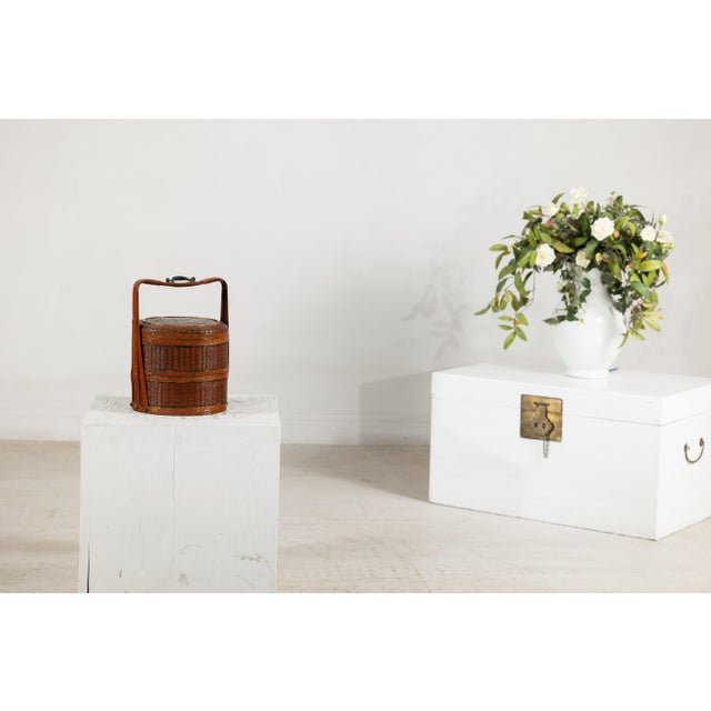 Vintage Chinese Woven Food Box with Painted Wood Bands, Double-Handled Carrying For Sale - Image 16 of 18