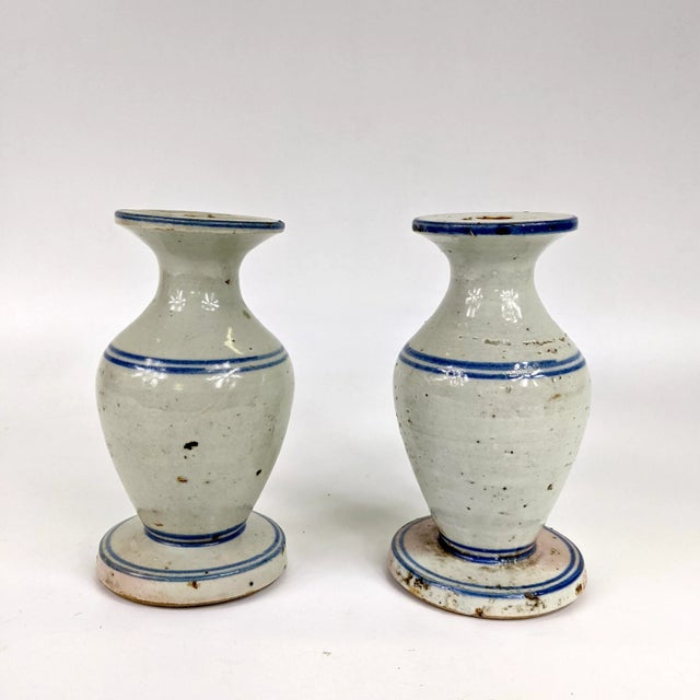 Mid 18th Century Pair of 18th Century Blue and White Ceramic Candle Holder For Sale - Image 5 of 5