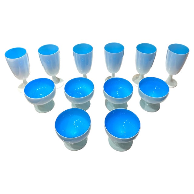 1960s Carlo Moretti Murano Tiffany Blue and White Cased Stemware Wine Goblets & Compotes - Set of 12 For Sale - Image 17 of 18