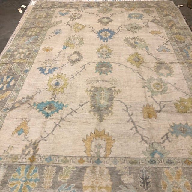 Contemporary Contemporary Turkish Oushak Rug in Ivory With Turquoise and Yellow Floral Motifs, 10'x14' For Sale - Image 3 of 4