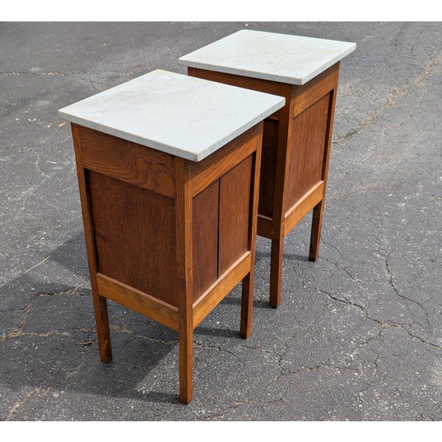 Wood Antique French Oak White Marble Top Bedside Cabinets - A Pair For Sale - Image 7 of 12