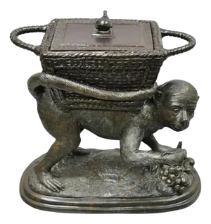 Late 20th Century Maitland-Smith Cast Bronze Monkey With Lidded Basket Planter Pot Statue Sculpture