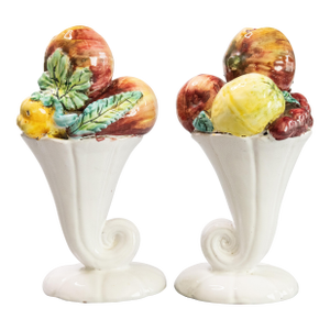 Vintage Italian Majolica Fruit Cornucopia Arrangements Centerpieces - A Pair